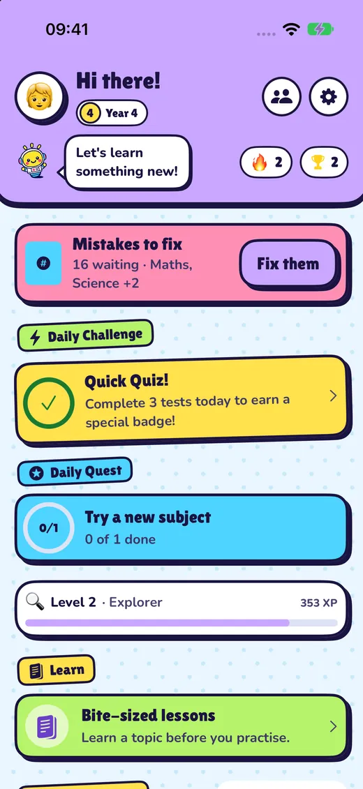 BrightMinds home screen in the Pop Lab look, showing subjects and the daily challenge