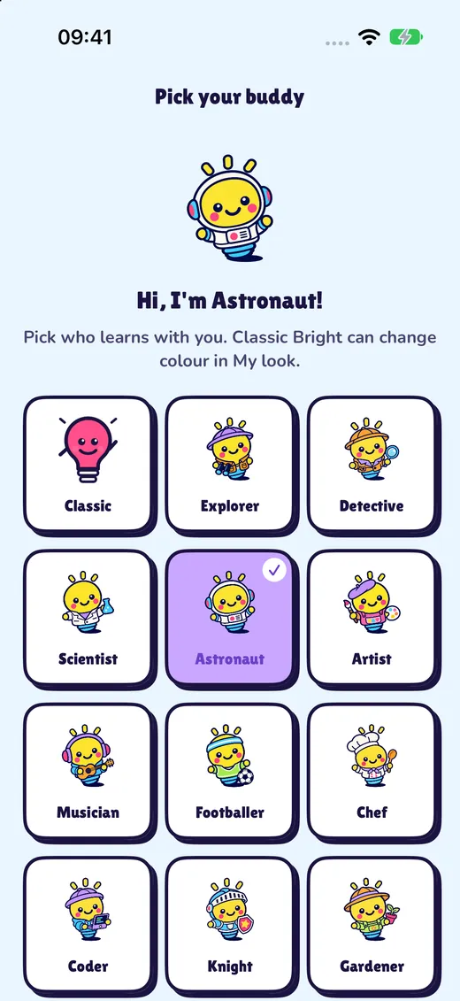 The Pick your buddy screen in BrightMinds, showing the buddy characters to choose from