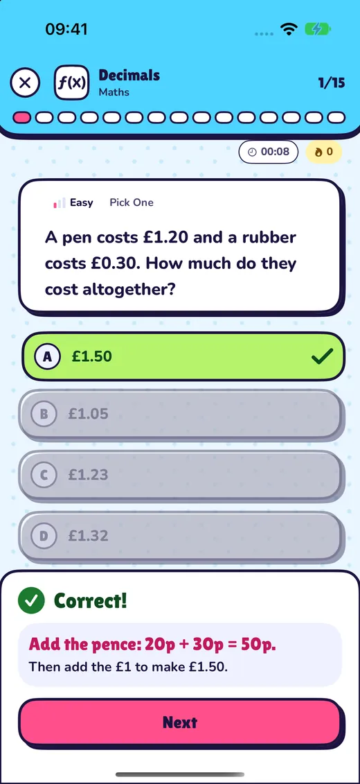 A BrightMinds question with a correct answer highlighted in green