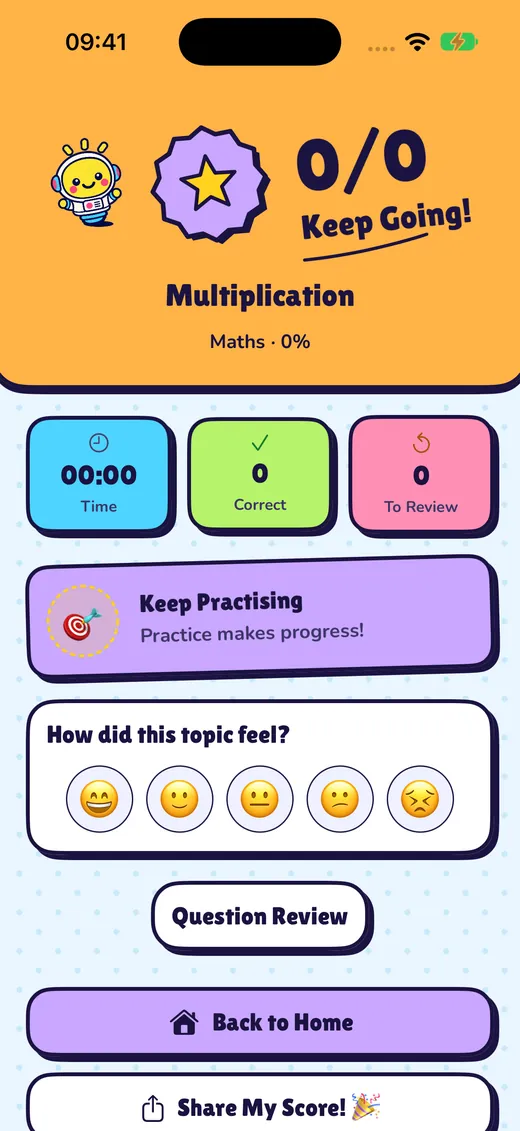 The BrightMinds results screen after finishing a quiz